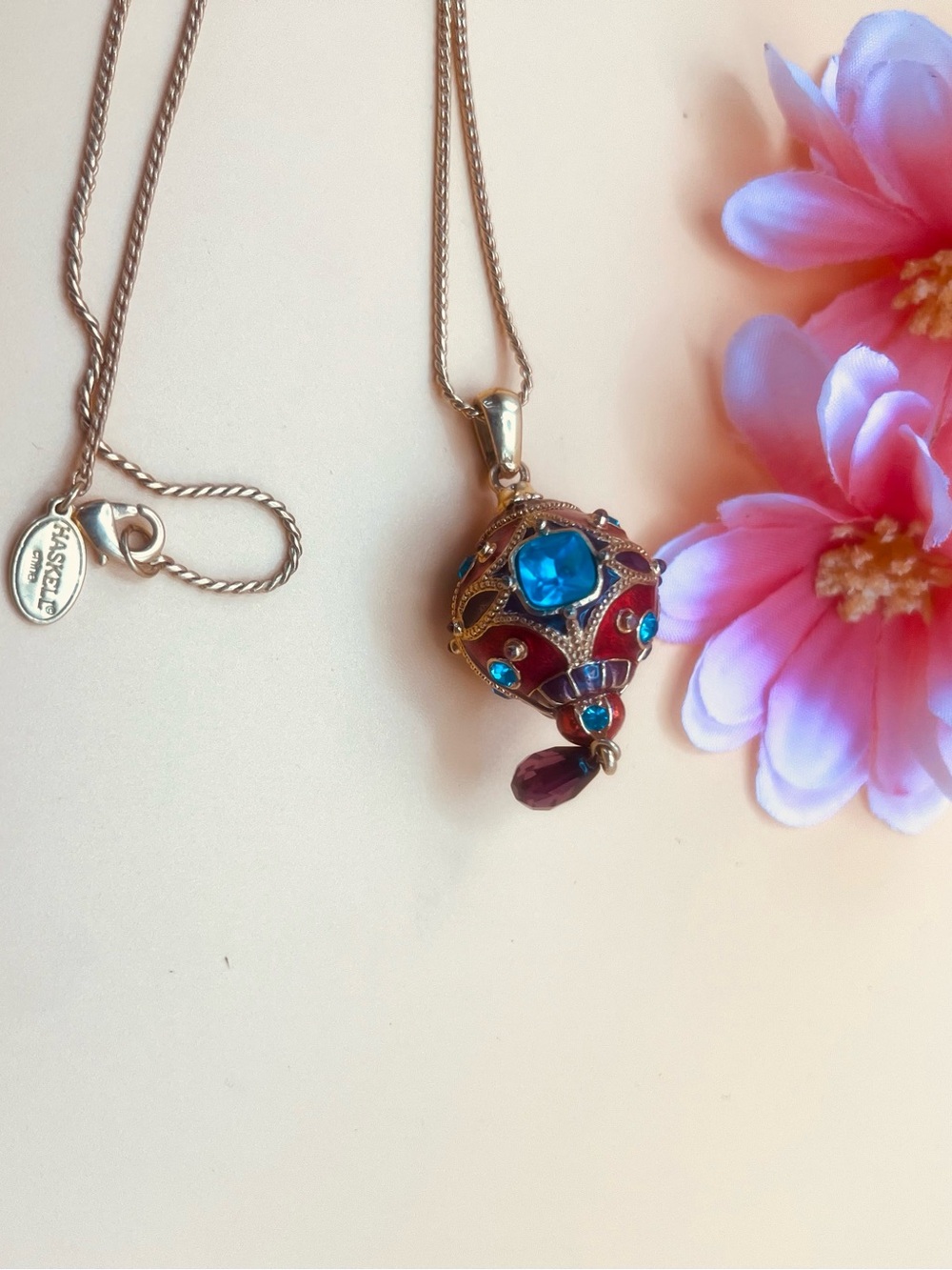 Vintage  Haskell Enamel Egg And Rhinestone Pendant Necklace